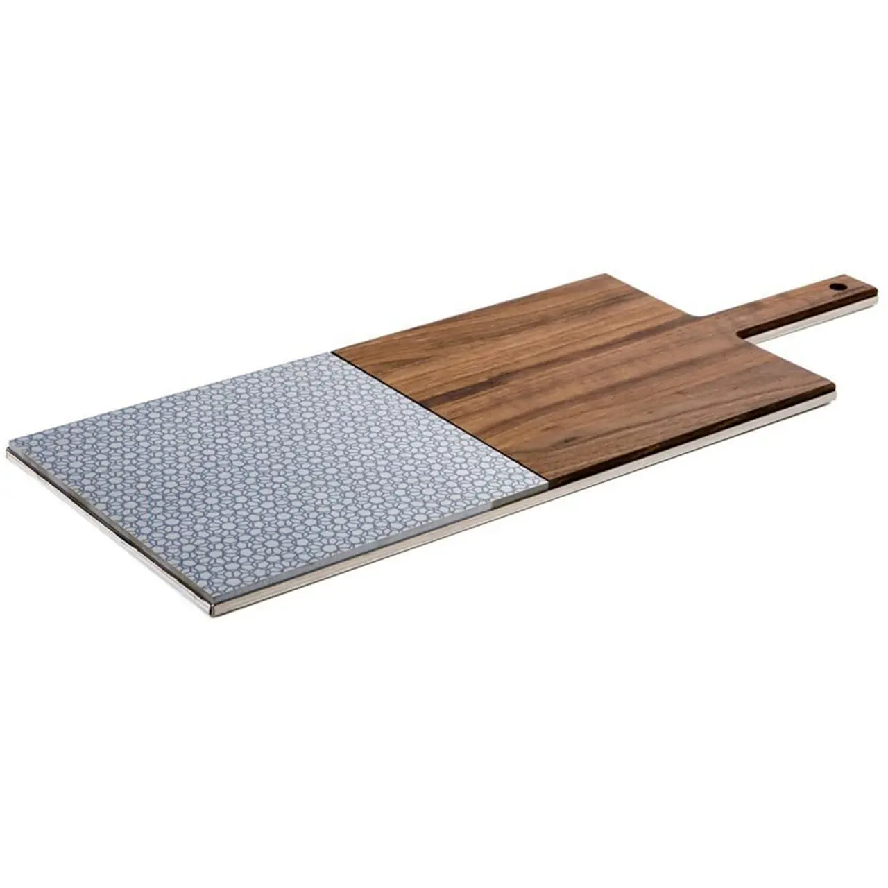 tagliere legno e ceramica con microdisegni sui toni blu